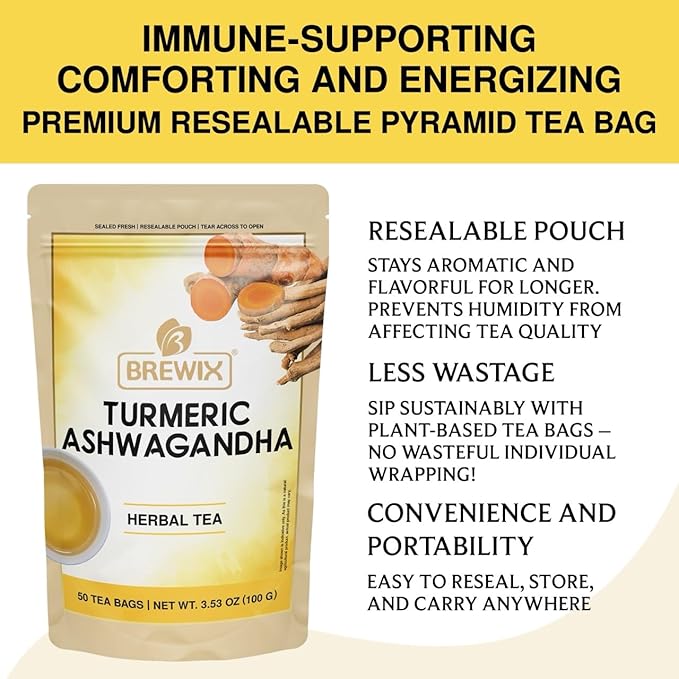 BREWIX, Turmeric Ashwagandha Herbal Tea (50 Pyramid Tea Bags) Adaptogenic Herbs for Stress & Mood Support | Evening Calm & Sleep Support | Real Ingredients From India, Caffeine Free & Naturally Gluten Free - Bloomnest