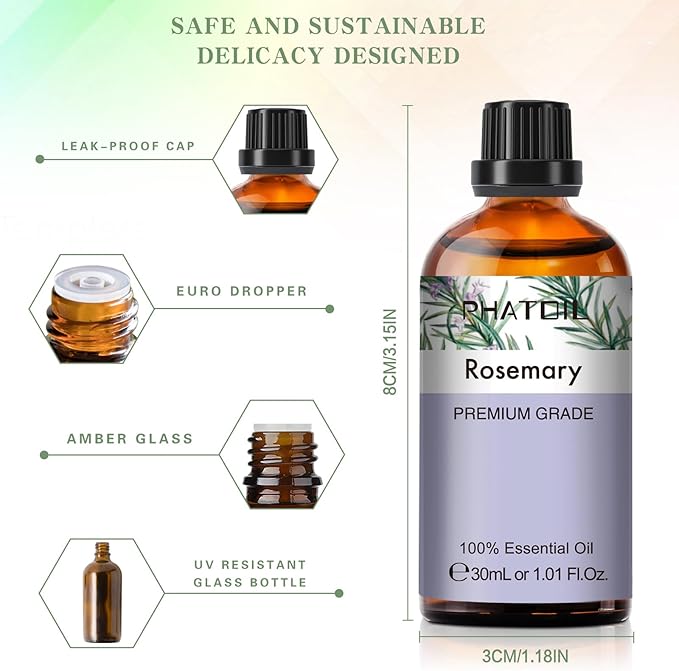 Rosemary Essential Oil 1.01fl.oz/30ml, PHATOIL Premium Rosemary Oils Long Lasting Scents for Aromatherapy, Diffuser, DIY Soap and Candle Making PHATOIL