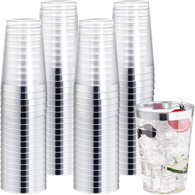 I00000 50 Pack 12 oz Silver Plastic Cups, Silver Rimmed Disposable Cups, Party Wine Glasses Disposable Cocktail Glasses Heavy Duty Cups with Silver Rim, 12 Ounce Plastic Tumblers For Party - Bloomnest