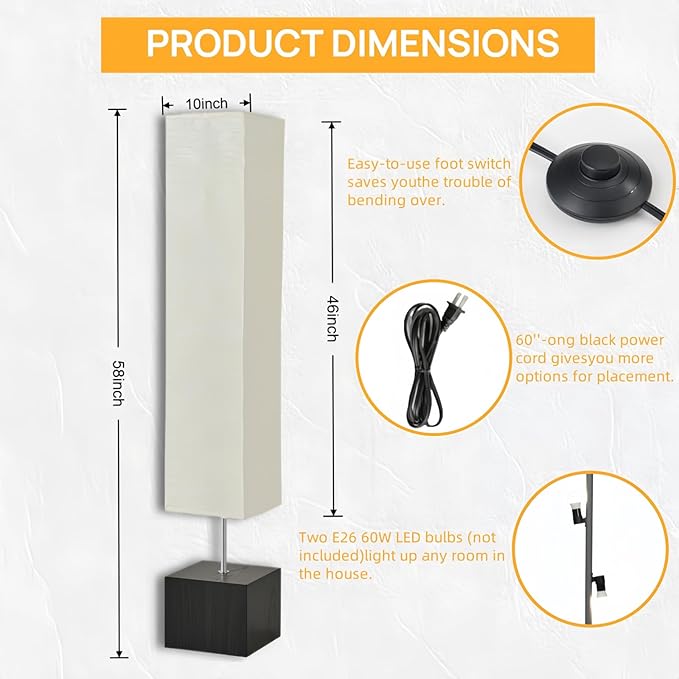 Modern Floor Lamp with Wooden Base, 58-inch Tall, White Shade, Foot Switch, 60W E26 Compatible - Bloomnest