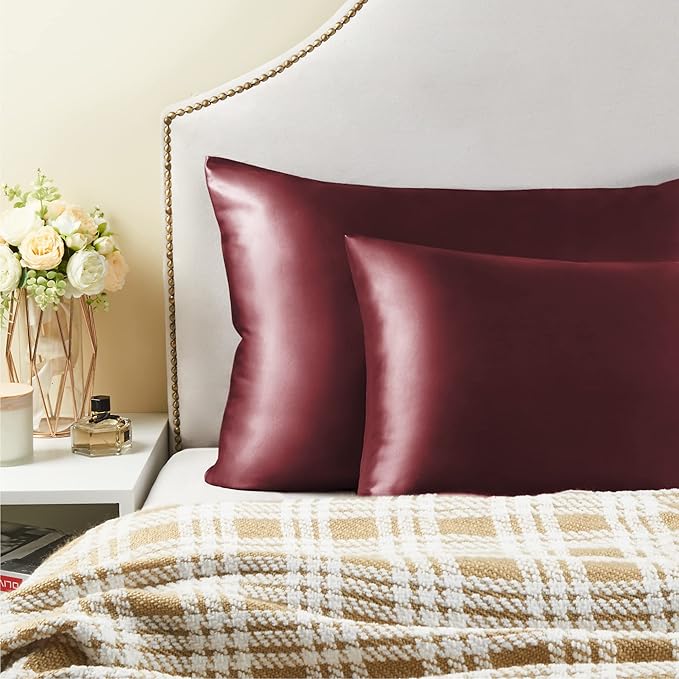BEDELITE Satin Pillowcase for Hair and Skin, Super Soft and Cooling Similar to Silk Pillow Cases 2 Pack with Envelope Closure, Gift for Women Men(20"x26" Standard Size, Burgundy) - Bloomnest