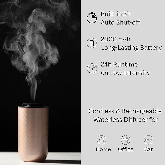 Waterless Essential Oil Diffuser – Portable Cordless Aromatherapy Diffuser for Home, Car & Office – 3 Mist Levels - 4 Timer Modes - 15ml Oil Capacity - USB-C Rechargeable - Bloomnest