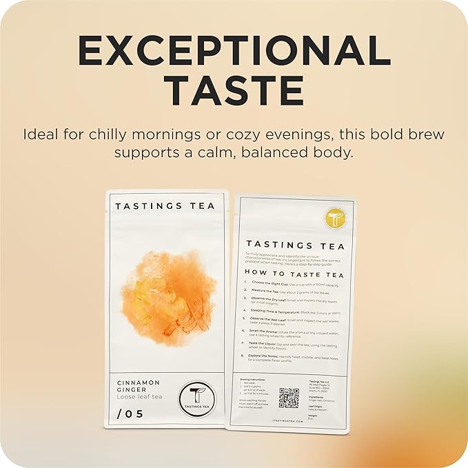 Tastings Tea Cinnamon Ginger Loose Leaf, 8 oz | Winter Warming Herbal Spice Blend for a Seasonal Brew | Natural Antioxidants for Wellness | Small Batch & Sustainably Sourced | Resealable Pouch - Bloomnest