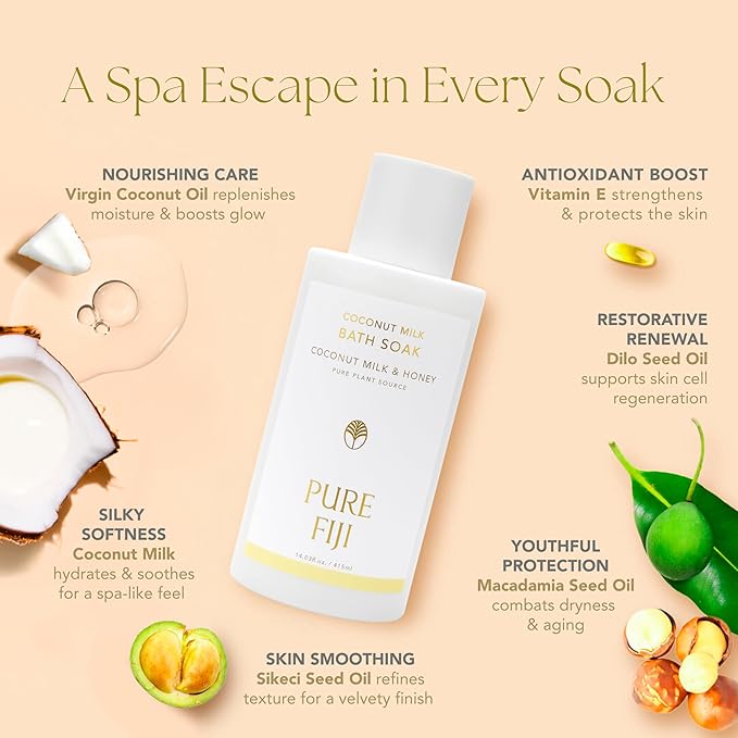 Pure Fiji Coconut Milk Bath Soak, Coconut Milk & Honey (14oz/415ml) - Bloomnest