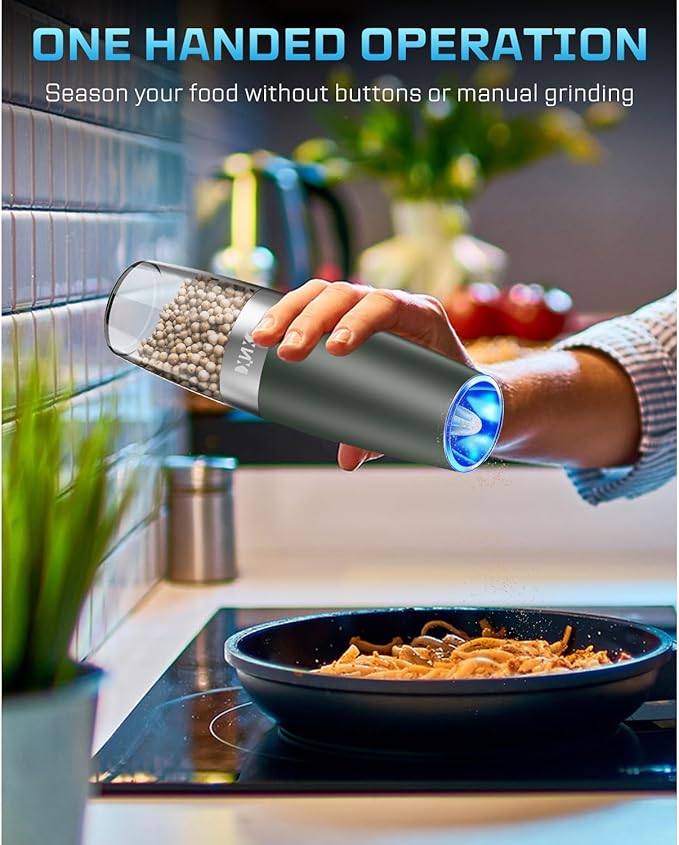 XinXu Gravity Electric Pepper and Salt Grinder Set, Adjustable Coarseness, with LED Light, One Hand Automatic Operation (Set/DarkGreen X) - Bloomnest