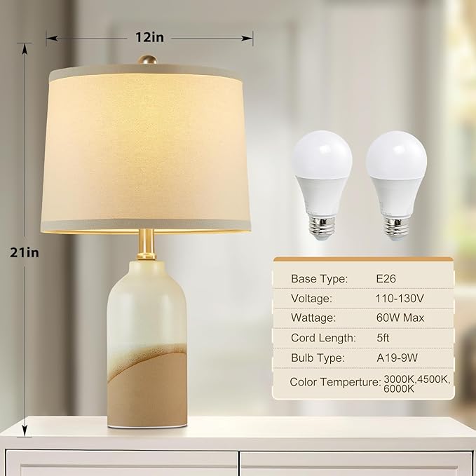 Luvkczc Ceramic Table Lamps Set of 2, 3-Color Temperature Adjustable Bedside Lamps with Line Lampshade, Nightstand Lamps for Bedroom, Living Room, Entryway Home Decor, Modern Table Lamps - Bloomnest