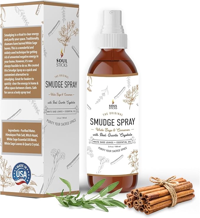 SOUL STICKS White Sage & Cinnamon Smudge Spray – 3.5oz Smokeless Energy Mist with Quartz Crystals – Non-Toxic Cleansing Spray for Aura, Home, Car, Meditation, Yoga, Stress Relief & Protection SoulSticks