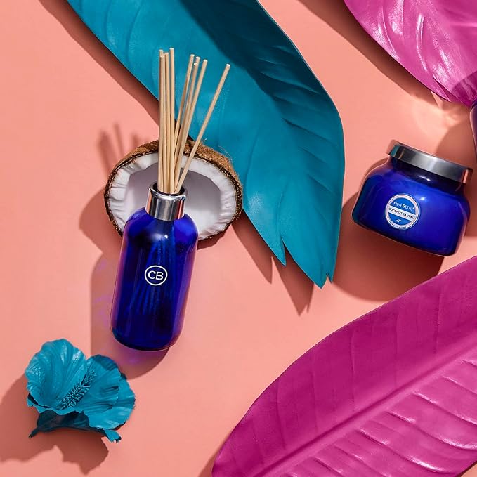 Capri Blue Coconut Santal Reed Diffuser Set - Includes Reed Diffuser Sticks, Fragrance Oil, and Glass Bottle - Luxury Scented Room Fresheners - Cobalt Blue (8 fl oz) - Bloomnest