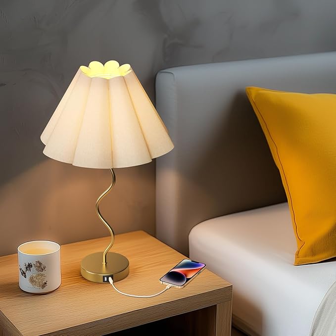 KUNJOULAM Modern Table Lamp, 3 Way Dimmable Touch Lamp USB C Charging Ports, Umbrella Form Fabric Lampshade Desk Lamp for Living Room Bedroom Home Office - Bloomnest