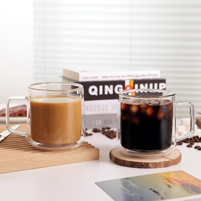 CNGLASS 15oz(4-pack) Double Walled Glass Coffee Mugs,Large Insulated Glass Mugs with Handle,Clear Coffee Cups for Espresso,Latte,Cappuccino,Tea - Bloomnest