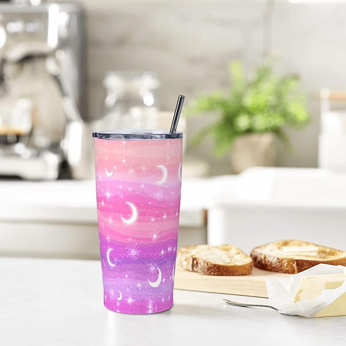 Star and Moon Tumbler with Lid and Straw 20 oz Stainless Steel Cup Insulated Tumbler Coffee Mug for Home Office or Car Christmas Birthday Gifts - Bloomnest