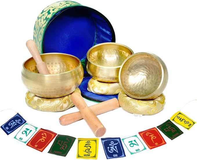 Tibetan Singing Bowl Set of 3 Authentic 7 Metals Meditation Sound Bowl for Yoga, Relaxation, Chakra Bowl, Handmade, Comes with Prayer flag, 3 Wooden Mallet, Silk Cushions, Brocade Box Khusi+Inc