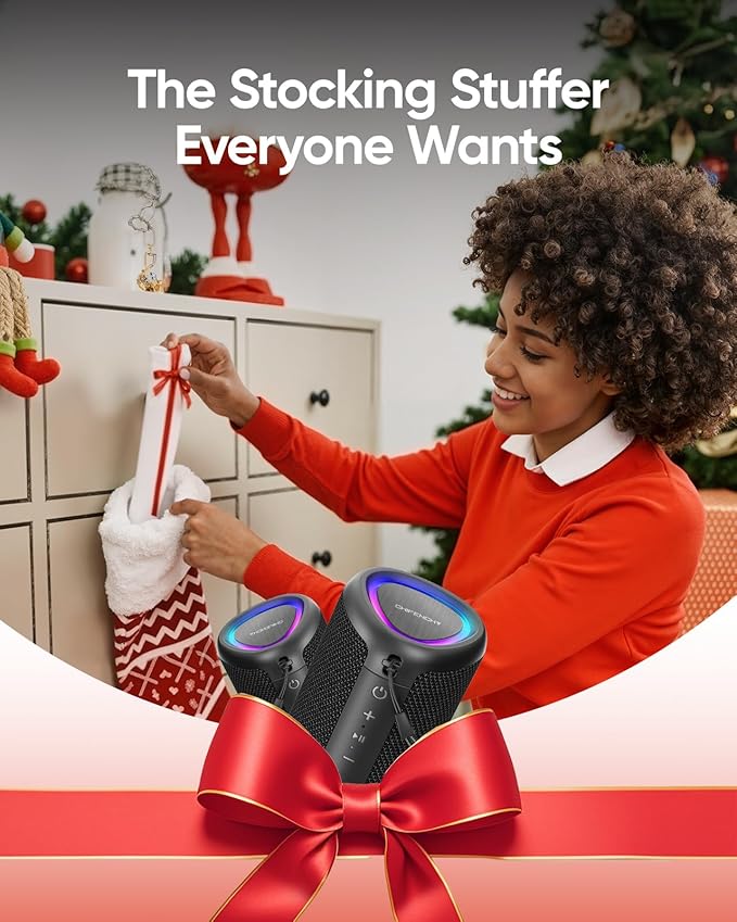 Portable Bluetooth Speaker with Lights, Stocking Stuffers, Powerful Crystal Clear Sound, IPX5 Waterproof, All Day Playtime, BT 5.3, TWS Paring, Small Wireless Speaker for Outdoor, White Elephant Gifts - Bloomnest