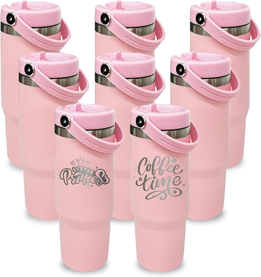 30 oz Tumbler Bulk with Top Handle, Double Wall Vacuum Insulated Tumbler with Flip Straw, Travel Coffee Mug 30oz Powder Coated Cup for Laser Engraving (Pink,8 pack)
