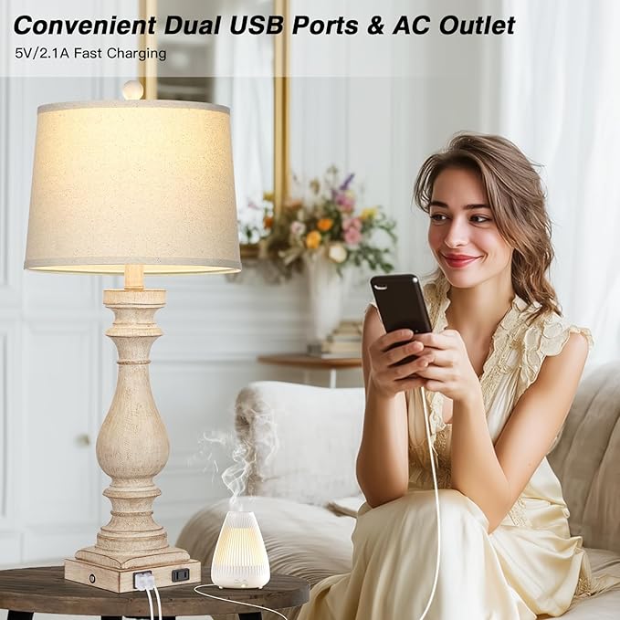 27.5" Farmhouse Table Lamp for Living Room Set of 2,Vintage Bedside Lamps with USB C+A Ports & AC Outlet,3-Way Dimmable Touch Control White Washed Finish Nightstand Lamp for Bedroom,Beige - Bloomnest