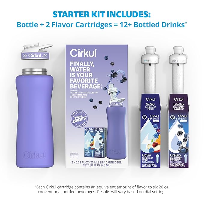Cirkul 32oz. Matte Periwinkle Stainless Steel Water Bottle Starter Kit with Purple Lid, 2 Flavor Cartridges (1 LifeSip Blackberry Blueberry, 1 GoSip Berry Blue Punch) No Sugar, Zero Calorie Drink Mix Cirkul