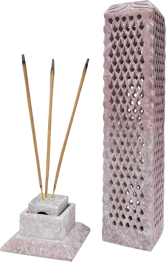 Crocon Handmade Incense Tower Candle Stick Holder Soapstone Leaf Design Tea Light Tower Burner | Candles Stand |Office Decor Room Fragrance Decorative Kitchen Home Spa Great Gift Set - 11X3X3 Inch