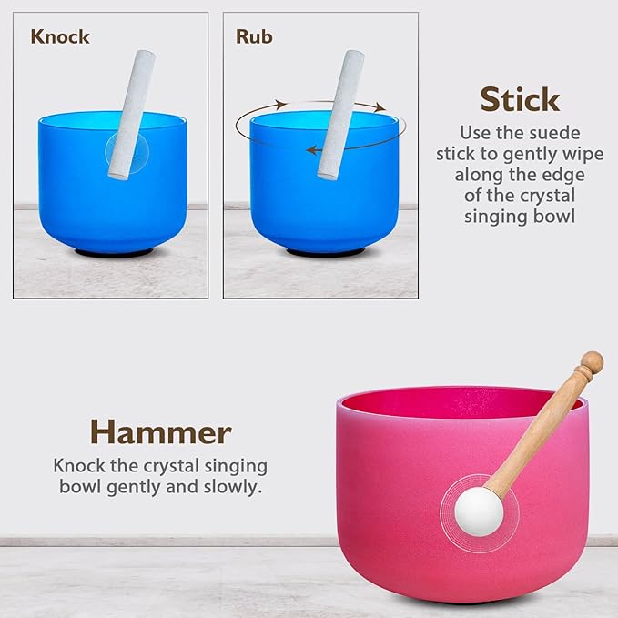 432hz Crystal Singing Bowl Healing 6-12inch Set of 7 Colored for Meditation Yoga Heart Chakra Singing Bowls Heavy Duty Carrying Case Rubber Mallet Suede Striker O ring - Bloomnest