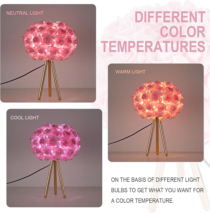 Pink Rose Flower Lamp Cute Table Lamp Flower Desk Lamp Floral Bedside Nighstand Light Atmosphere Girls Princess Lamp with Gold Tripod for Bedroom Wedding Christmas Gift Hotel Living Room - Bloomnest