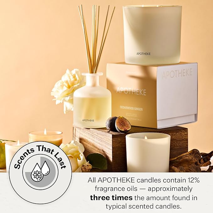Apotheke Signature Scented Candles for Home, Cedarwood Ginger - 10.5 oz - Soy Wax, Non Toxic, Large Jar White - Luxury Candle Gifts for Women & Men - Patchouli, Red Tea, Fig, and Coconut - Bloomnest
