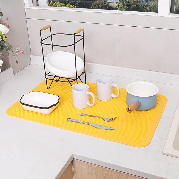 Silicone Dish Drying Mat for Multiple Usage,Easy clean,Eco-friendly,Heat-resistant Silicone Mat for Kitchen Counter or Sink,Refrigerator or Drawer Liner Yellow 3XL 28 inches x 18 inches - Bloomnest