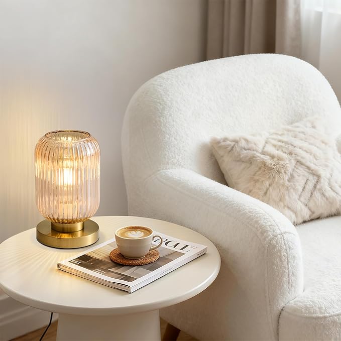 Mid Century Modern Table Lamp: Vintage Amber Ribbed Glass Globe Dimmable Plug in Small Bedside Lamps - Cute Brass Gold Side Table Lamp Nightstand Light for Bedroom Entryway Office Desk Living Room - Bloomnest