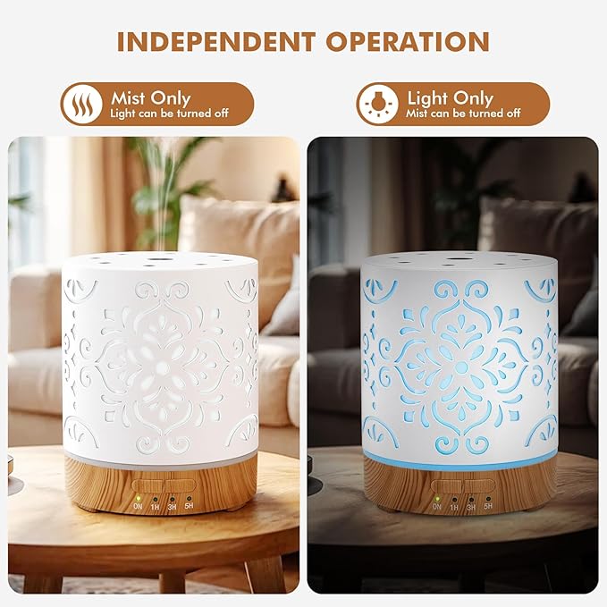 Essential Oil Diffuser for Home - 300ML Metal Aromatherapy Diffuser with Auto Shut-Off Protection & 4 Timers, Ultrasonic Humidifier with 7 Colors Lights for Large Room, Home Office Décor(White Flower) - Bloomnest