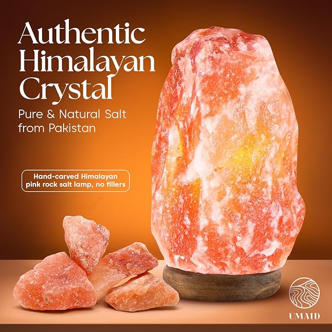 UMAID Himalayan Salt Lamp 8-10 inch (7-11 lb) with Dimmable Switch and Night Light Bulb on Handcrafted Wooden Base, Natural Pink Rock Salt Lamp - Bloomnest