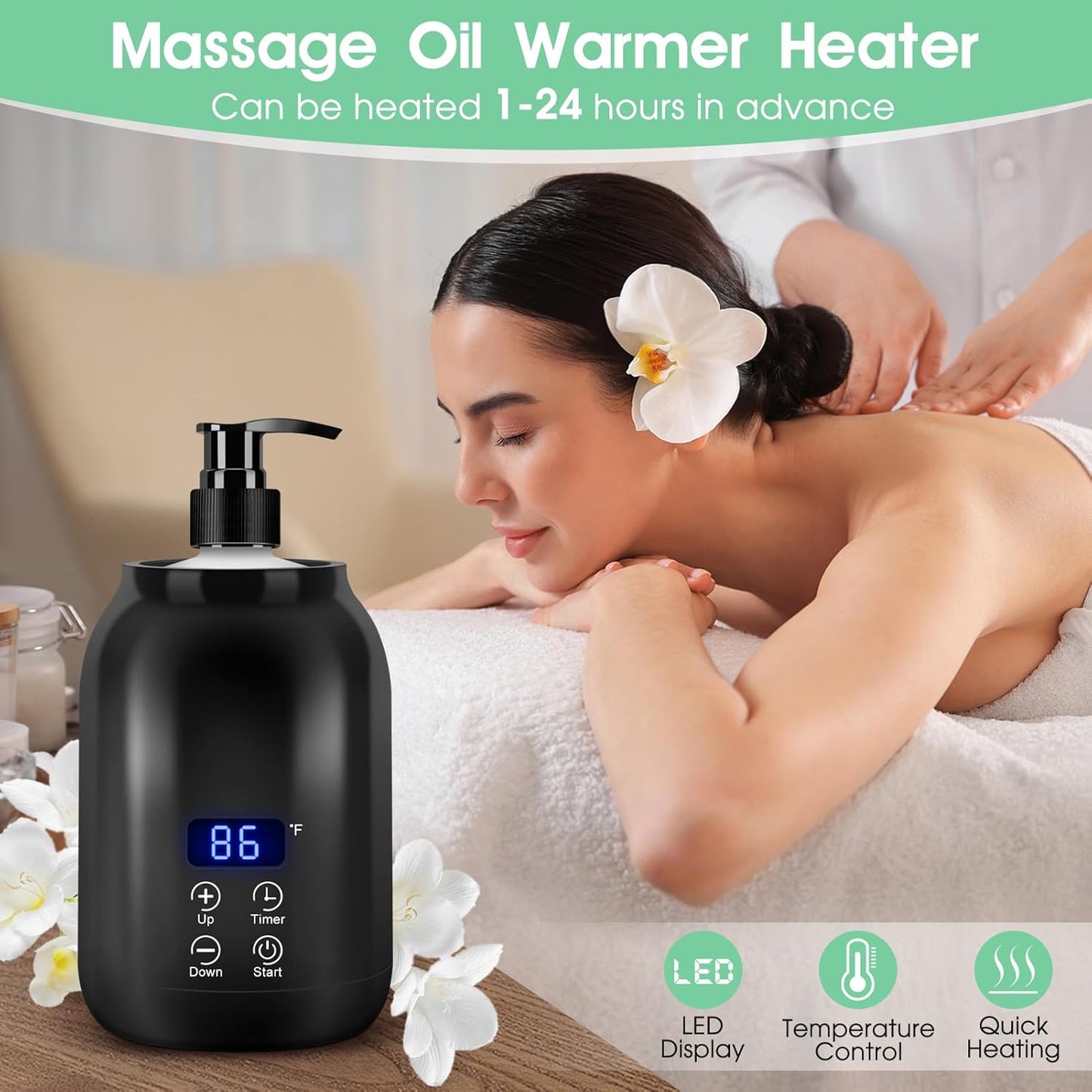 Gugxiom Massage Oil Warmer, LED Display Single Bottle Pro Massage Heater, Temperature Control Oil Heater for Massage with 2 Oil Bottle Dispenser, for Lotion Cream (US Plug)