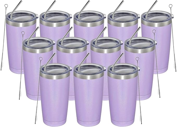 MEWAY 20oz Tumbler 12 Pack Double Wall Vacuum Insulated Travel Glitter Mug Bulk, Stainless Steel Tumblers with Lid and Straw, Powder Coated Coffee Cups for Woman(Rainbow Purple,Set of 12) - Bloomnest