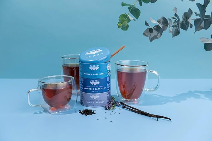 JusTea EARL GREY TEA TRIO | Stacking Tins Variety Pack with Hand Carved Tea Spoon | Loose Leaf Tea | High Caffeine | Fair Trade | Non-GMO - Bloomnest