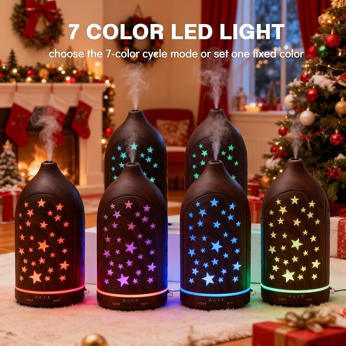 Aromatherapy Diffusers,7.1''x3.5''Diffuser with 3 Essential Oil Set,Small 200ml Office Desk Humidifier with 7 LED Colors Night Lights,Waterless Auto-Off for Home Decor Gift (Star Dark Wood Grain) - Bloomnest