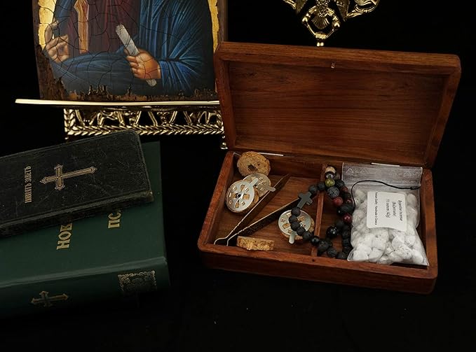 BlessedMart Keepsake Incense Storage Box with Hinged Lid and Metal Cross