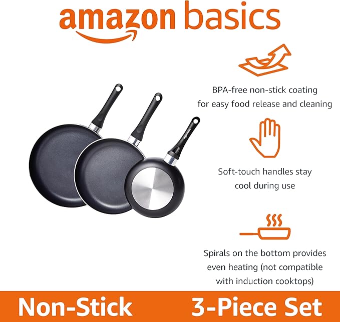 Amazon Basics Non Stick 3-Piece Kitchen Cookware Set, Includes 8-inch, 10-inch, 12-inch Pan, Black - Bloomnest