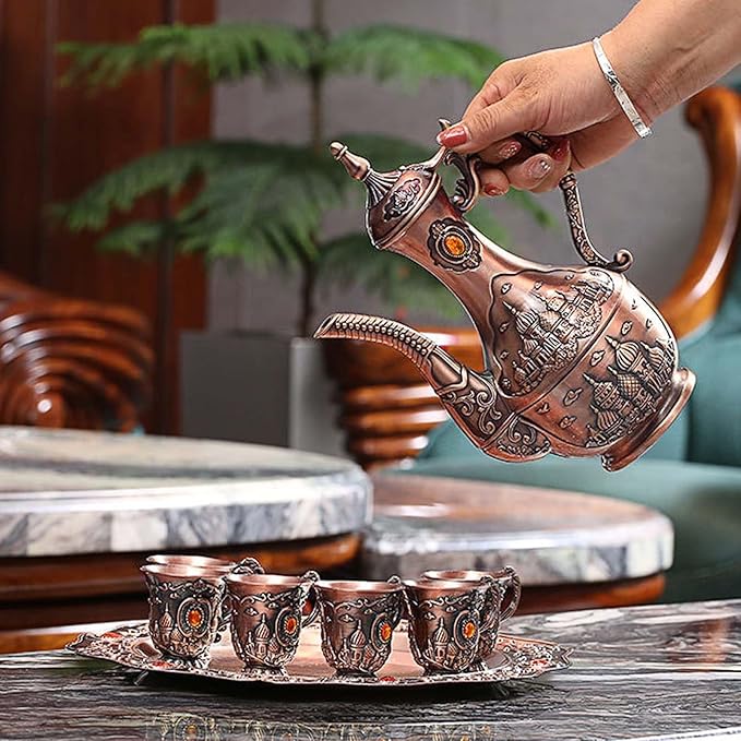 Vintage Turkish Coffee Pot Set for 6 Including Tray and Teapot,Metal Cups,Teapot and Cup Set for One,Tea Service Set for Home Tea Table Decor,Wedding Ornaments(Copper)