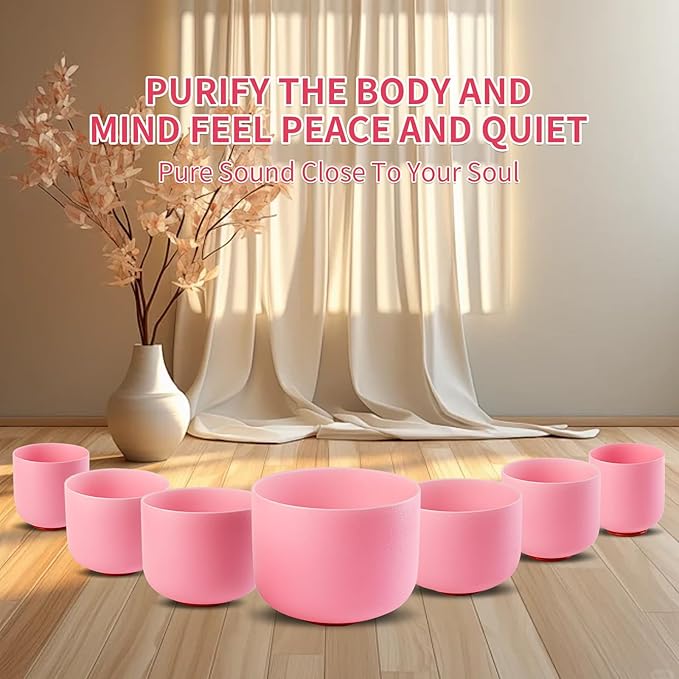 432HZ 6-12 Inch Pink Color Frosted Quartz Crystal Singing Bowls Chakra Set of 7 with Carry Case Bags for Sound Healing and Meditation