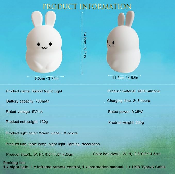 Bunny Night Light for Kids Room, Light for Children's Bedroom, 9 Colors Changing Bedside Table lamp Decorative Light, Eye Caring, Adjustable Brightness & Color, Time Setting - Medium - Bloomnest