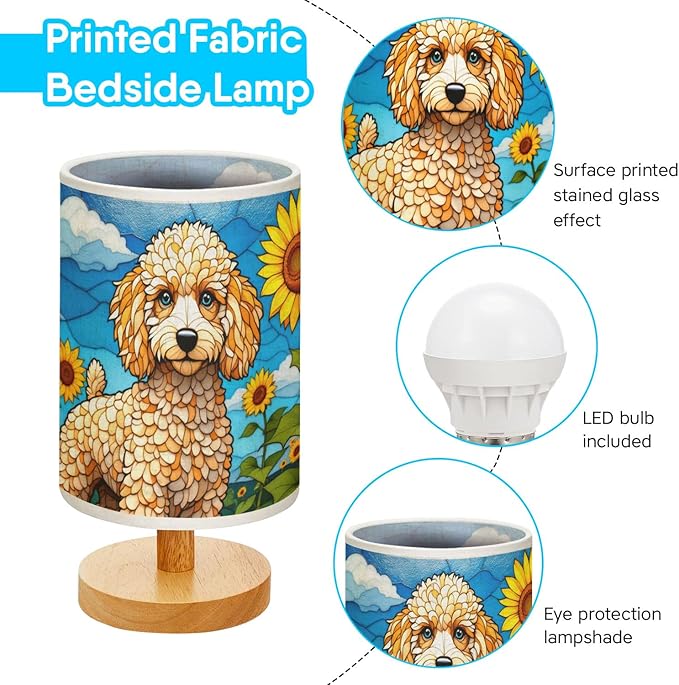 Poodle Table Lamp LED 3-Color Pressed Bedside, Dog Shade Lamp with Wood Base for Bedroom Living Room Desk Office - Bloomnest