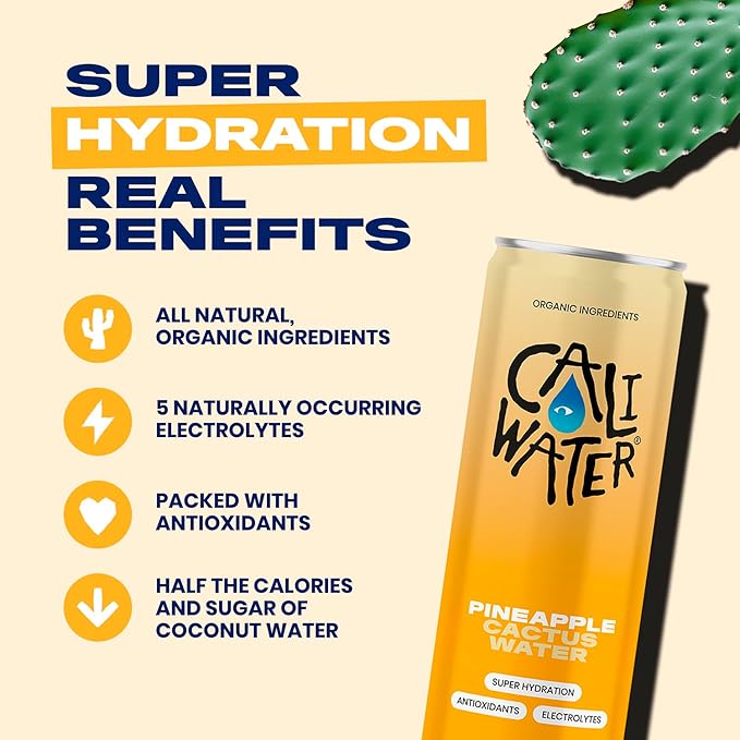 Caliwater - Organic Cactus Water - Pineapple - 5g Sugar, 35 Calories - Coconut Water Alternative - Natural Plant Based Hydration - Skin Care, Electrolyte Drinks - Flavored Water Beverages - 12 Cans - Bloomnest