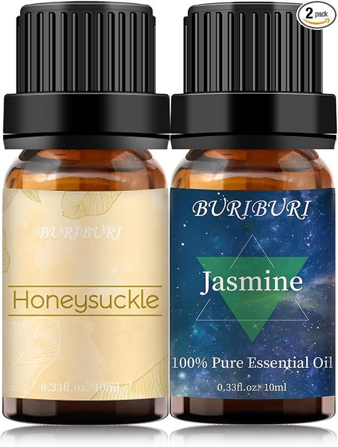 BURIBURI Honeysuckle Oil and Jasmine Essential Oil Set 2 Pack, 100% Pure Diffuser Oil Honeysuckle Essential Oil for Massage, Soap Making BURIBURI