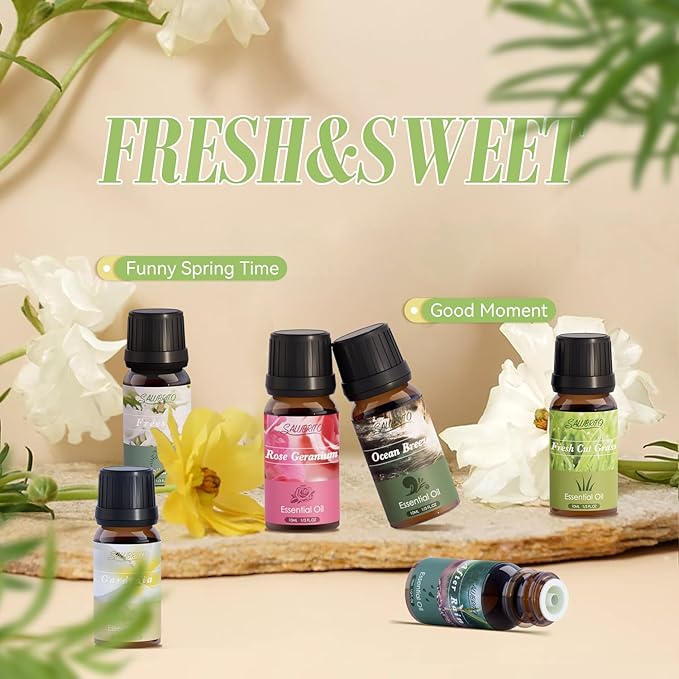 SALUBRITO Spring Fragrance Oils Set, Premium Essential Oils for Diffuser, Candle, Soap Making, After Rain, Gardenia, Fresh Cut Grass, Ocean Breeze, Freesia, Rose Geranium, Strong Scented Oils - Bloomnest