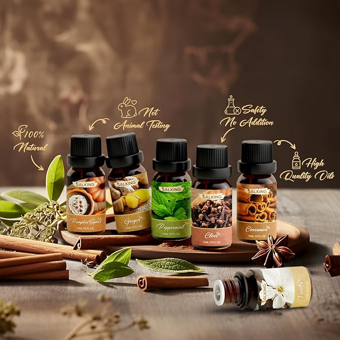 SALKING Spice Essential Oils, Premium Fragrance Oil for Diffuser, Scented Oil Gift Set for Soap Candle Making - Cinnamon, Clove, Vanilla, Pumpkin Spice, Peppermint, Ginger - Bloomnest