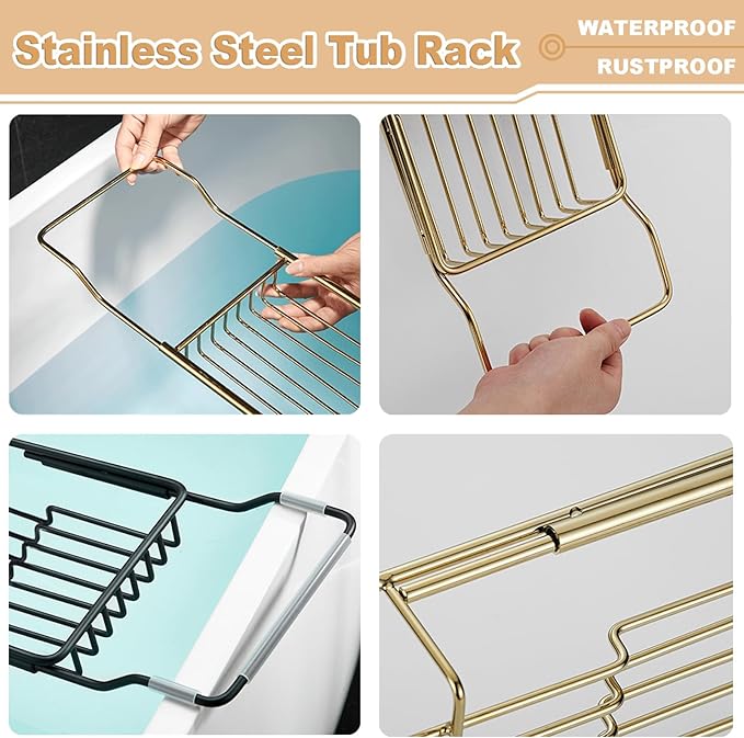 Stainless Steel Bathtub Caddy Tray, Expandable Bath Tub Tray Table, Adjustable Bathroom Tray, Bath Organizer Tub Shelf,Black,26.8~35.4in - Bloomnest