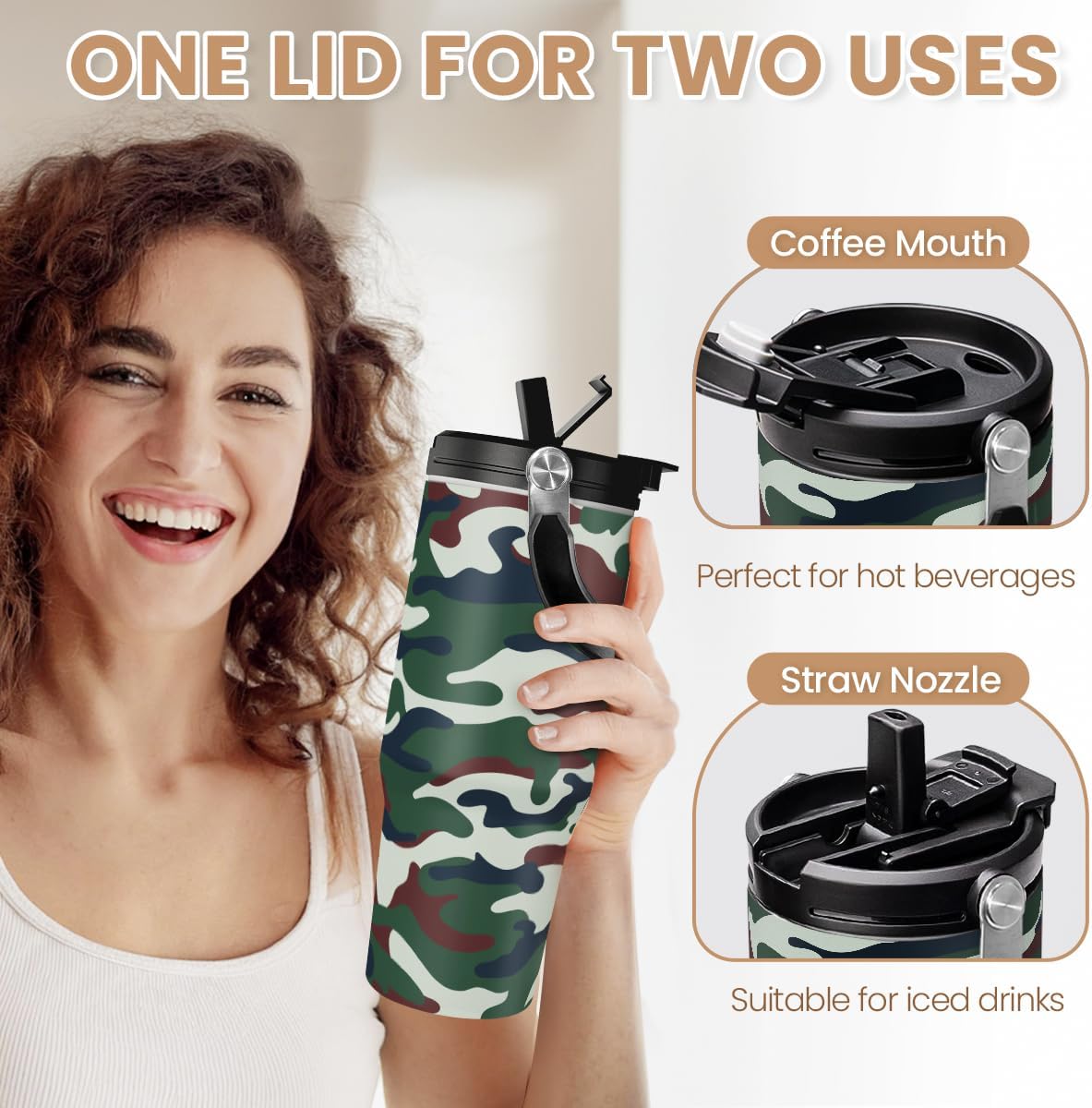 SANDJEST Camo Tumbler with Handle 30oz - Camouflage Tumblers Stainless Steel Insulated Flip Straw Coffee Travel Cup, Gifts for Men Veteran Hunting Lover Sport Outdoor Workout