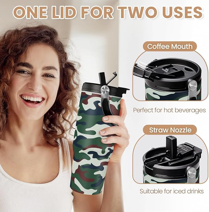 SANDJEST Camo Tumbler with Handle 30oz - Camouflage Tumblers Stainless Steel Insulated Flip Straw Coffee Travel Cup, Gifts for Men Veteran Hunting Lover Sport Outdoor Workout - Bloomnest