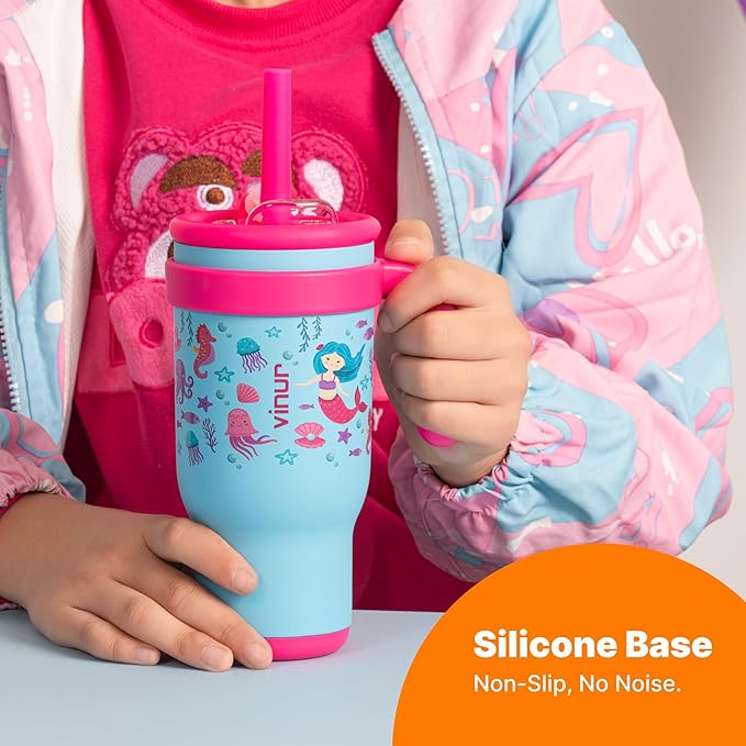 VINUR 17 oz Stainless Steel Double Wall Vacuum Insulated Tumbler with Handle-Kids Leak Proof Tumbler Cup With Lid and Straw (Mermaid) - Bloomnest