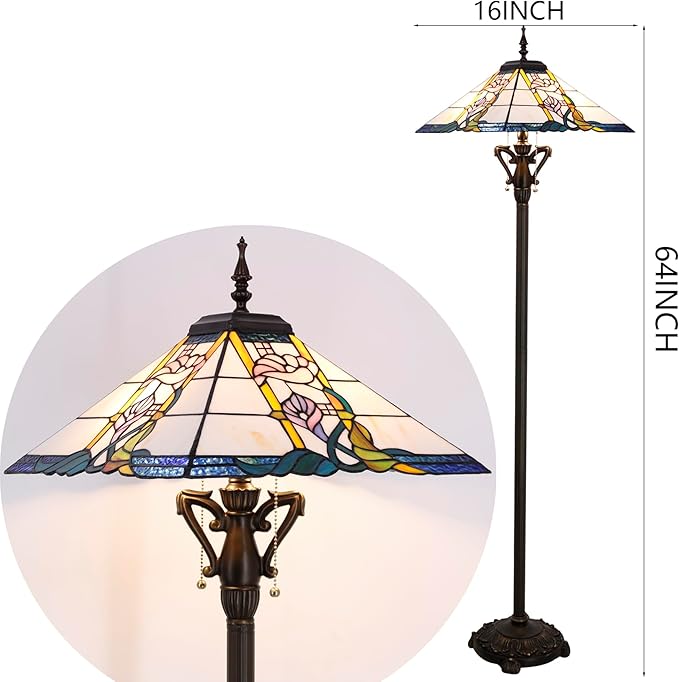 Tiffany Floor Lamp Pink Flower Mission Style Stained Glass Standing Reading Light 16X16X64 Inch - Bloomnest