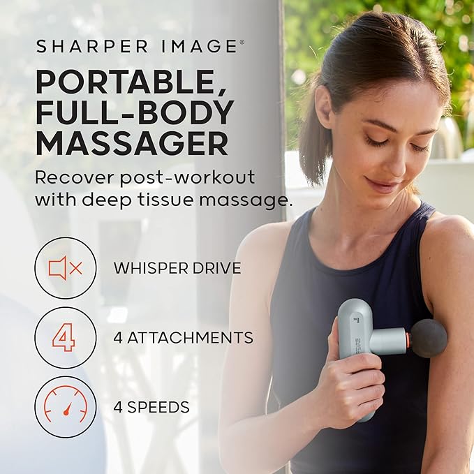 Sharper Image Powerboost Move - Mini Percussion Massage Gun| 4 Attachments, 4 Speeds| Full Body Back & Shoulder Massager| Muscle Recovery & Pain Relief| Deep Tissue Massage Tool| Wellness Gift - Bloomnest