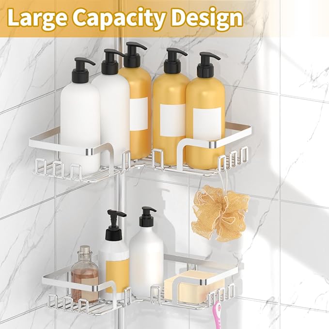 KEGII Adjustable Shower Caddy Corner Tension Pole, Rustproof Shower Rod Organizer with Hooks, Floor to Ceiling Tension Rod 25-114.2 Inch, Bathtub Storage Organizer for Shampoo, 4-Tier Silver - Bloomnest