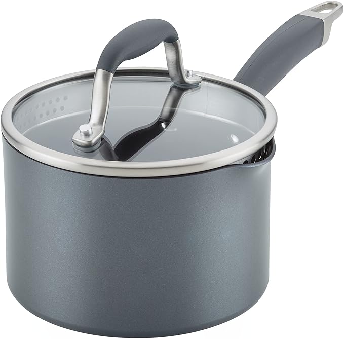 Anolon Advanced Home Hard Anodized Nonstick Sauce Pan/Saucepan with Straining and Lid, 2 Quart (2 Qt Straining Saucepan, Moonstone) - Bloomnest